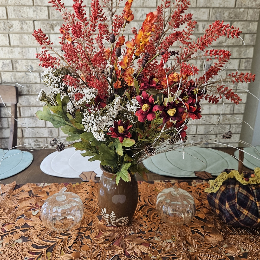 Autumn Floral Arrangement in Brown Glazed Ceramic Vase